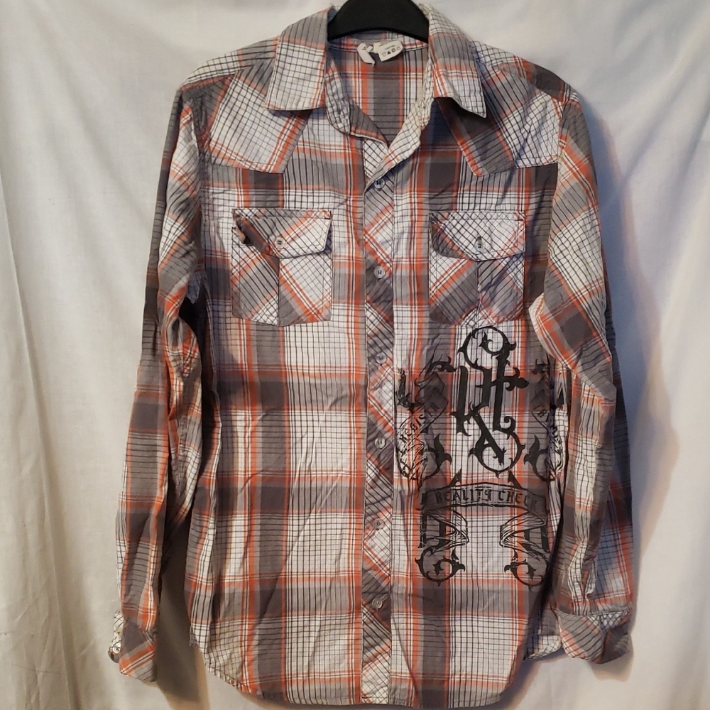 Boys Plaid Button-Down Shirt with Graphic Detail - Gray & Orange
